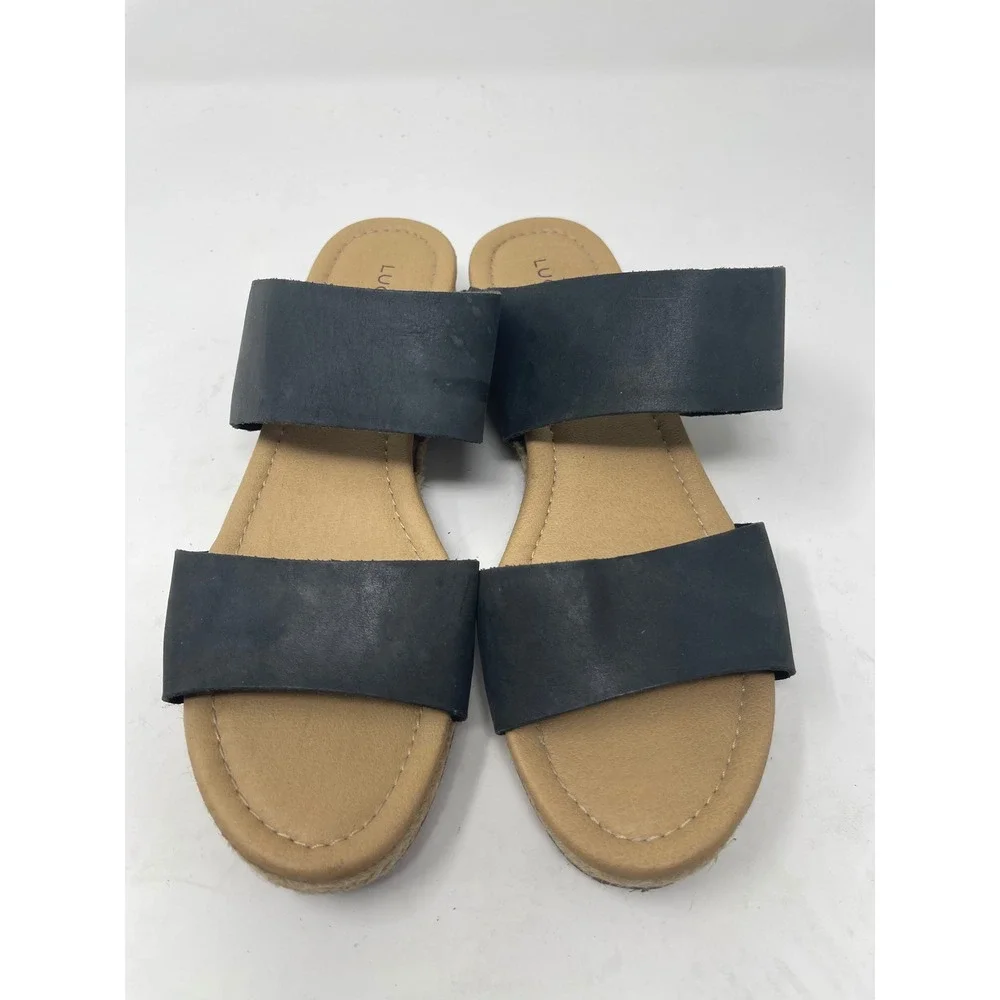 Lucky Brand Wyntor Wedge Sandals‎ Women's 6.5 Black Leather Espadrille